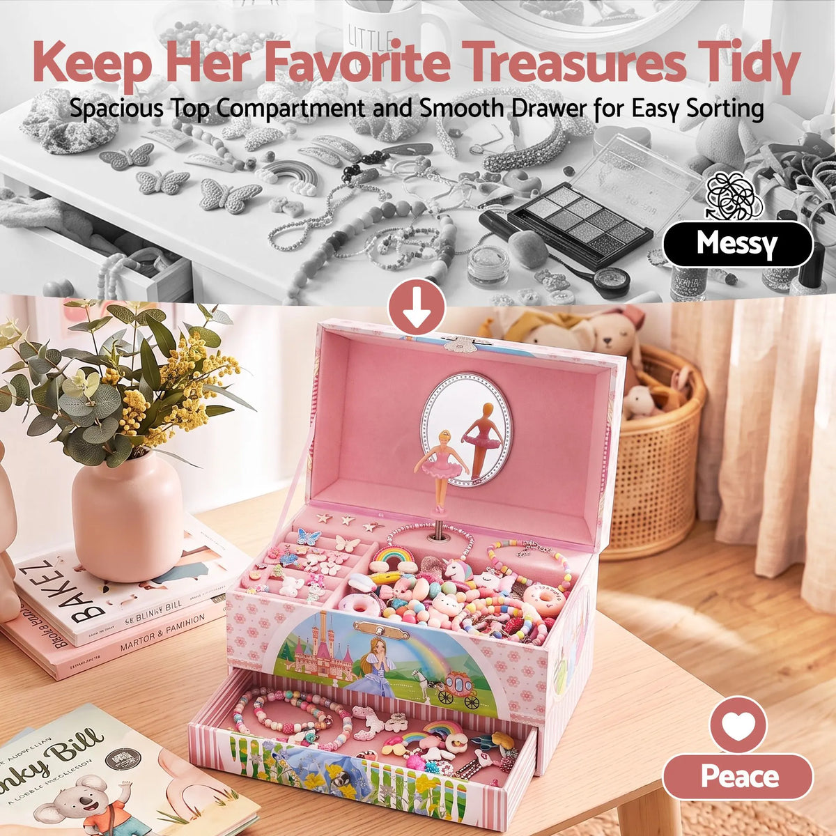 Keezi Kids Jewellery Box Organiser for Girls Kids Music Box with Drawer - Image 7