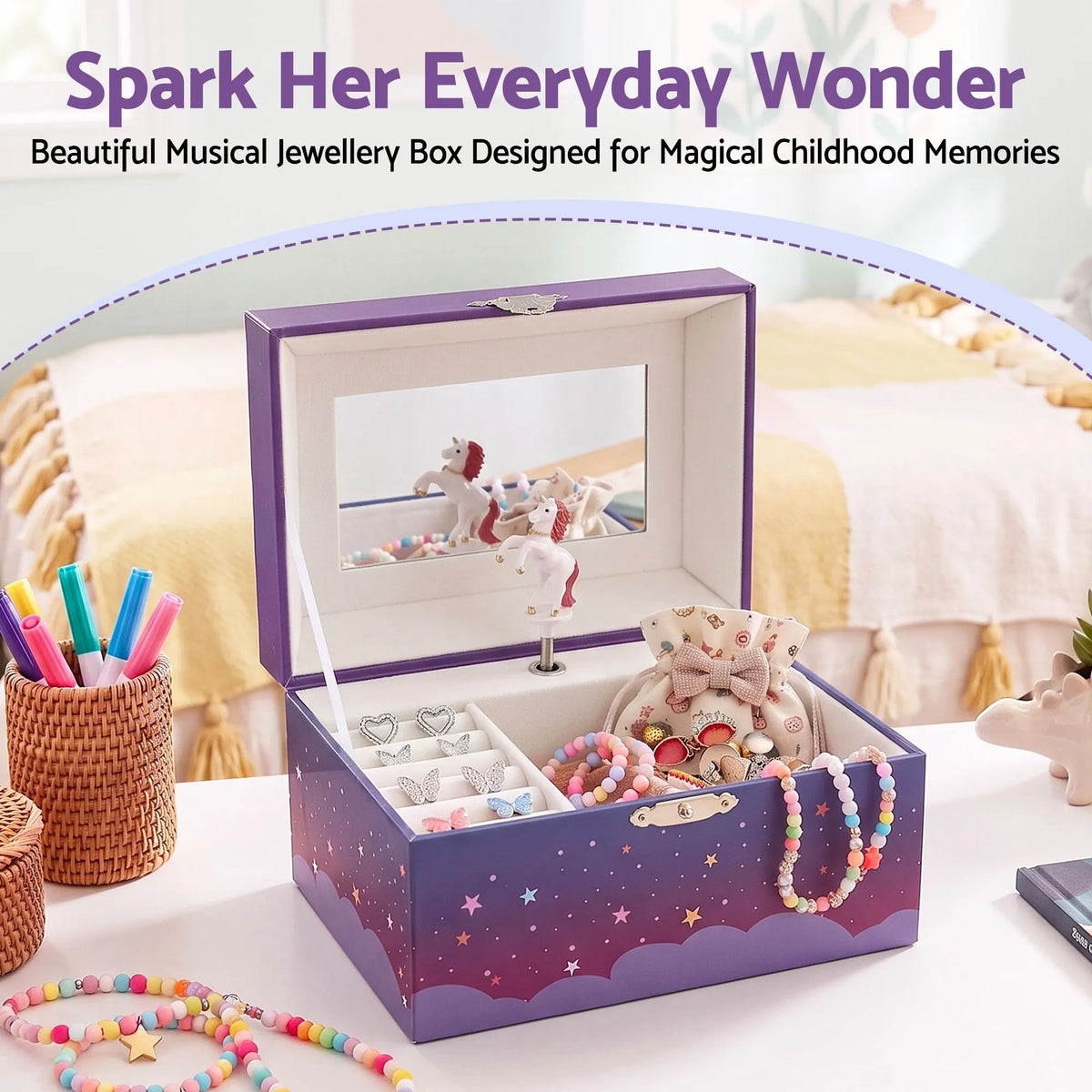 Keezi Kids Jewellery Box Organiser for Girls Kids Music Box Unicorn Purple - Image 5