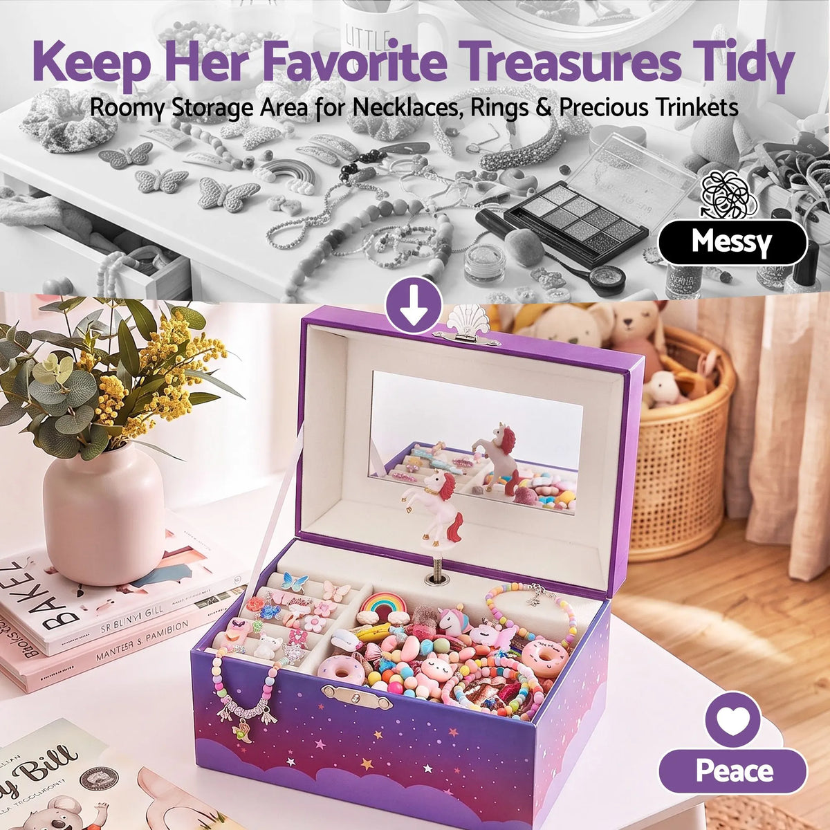 Keezi Kids Jewellery Box Organiser for Girls Kids Music Box Unicorn Purple - Image 7