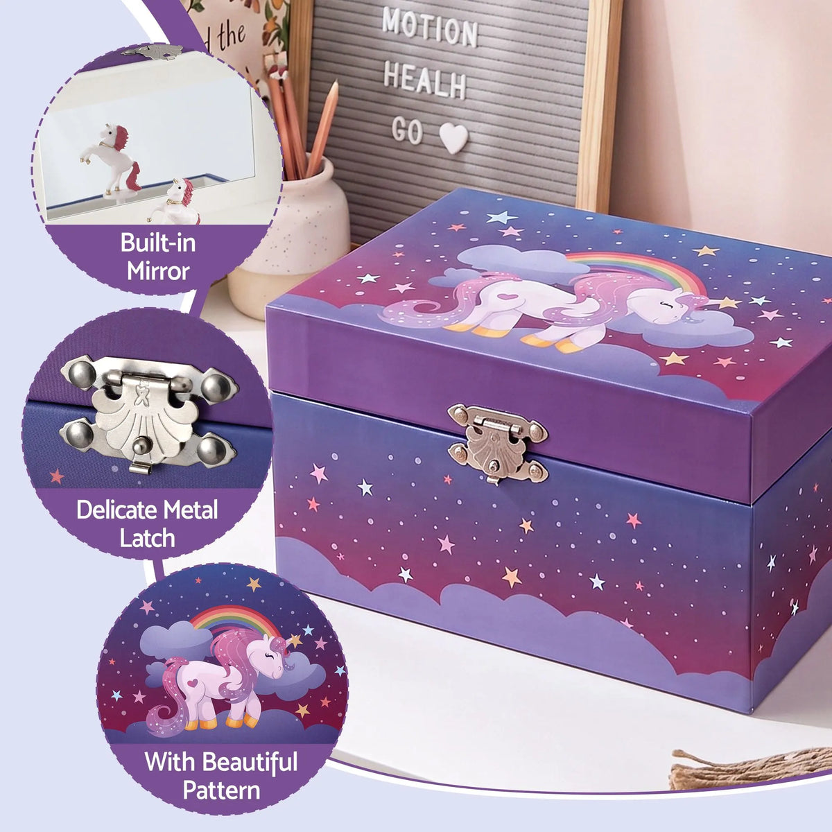 Keezi Kids Jewellery Box Organiser for Girls Kids Music Box Unicorn Purple - Image 8