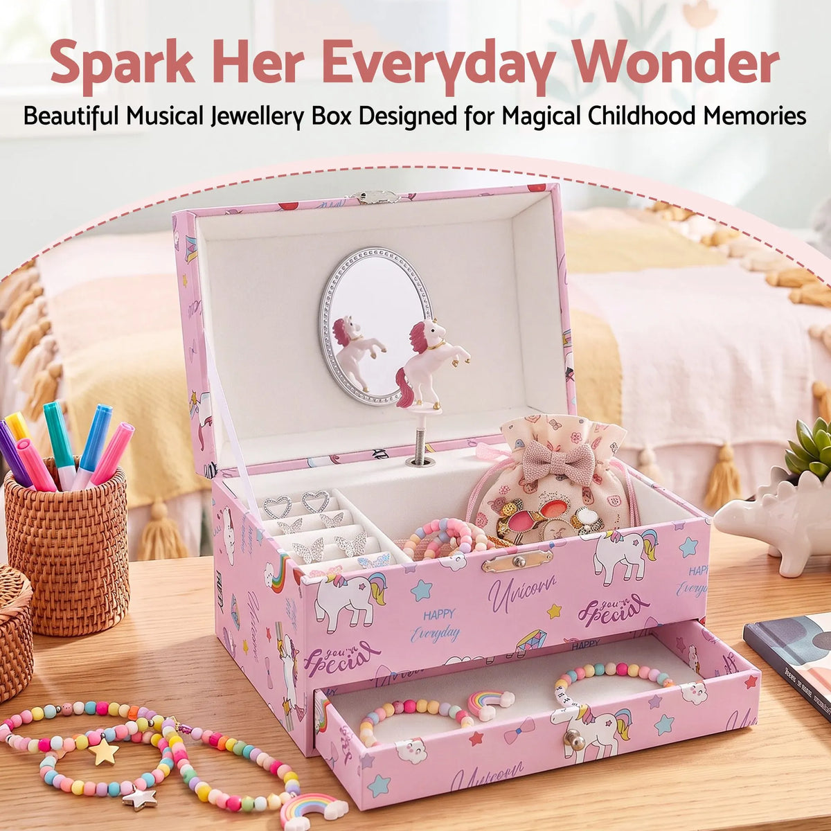 Keezi Kids Jewellery Box Organiser for Girls Kids Music Box with Mirror - Image 5
