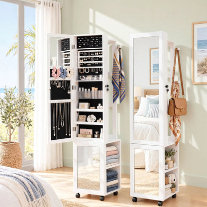 Artiss Lockable Jewellery Cabinet, Mobile Frameless Mirror, White