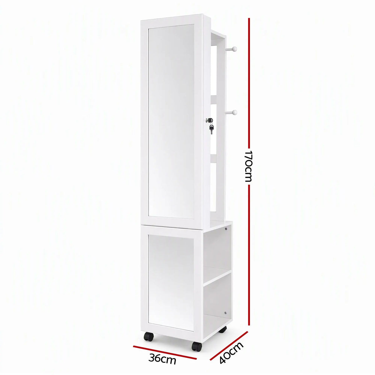 Artiss Lockable Jewellery Cabinet, Mobile Frameless Mirror, White - Image 4
