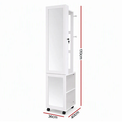 Artiss Lockable Jewellery Cabinet, Mobile Frameless Mirror, White - Image 4