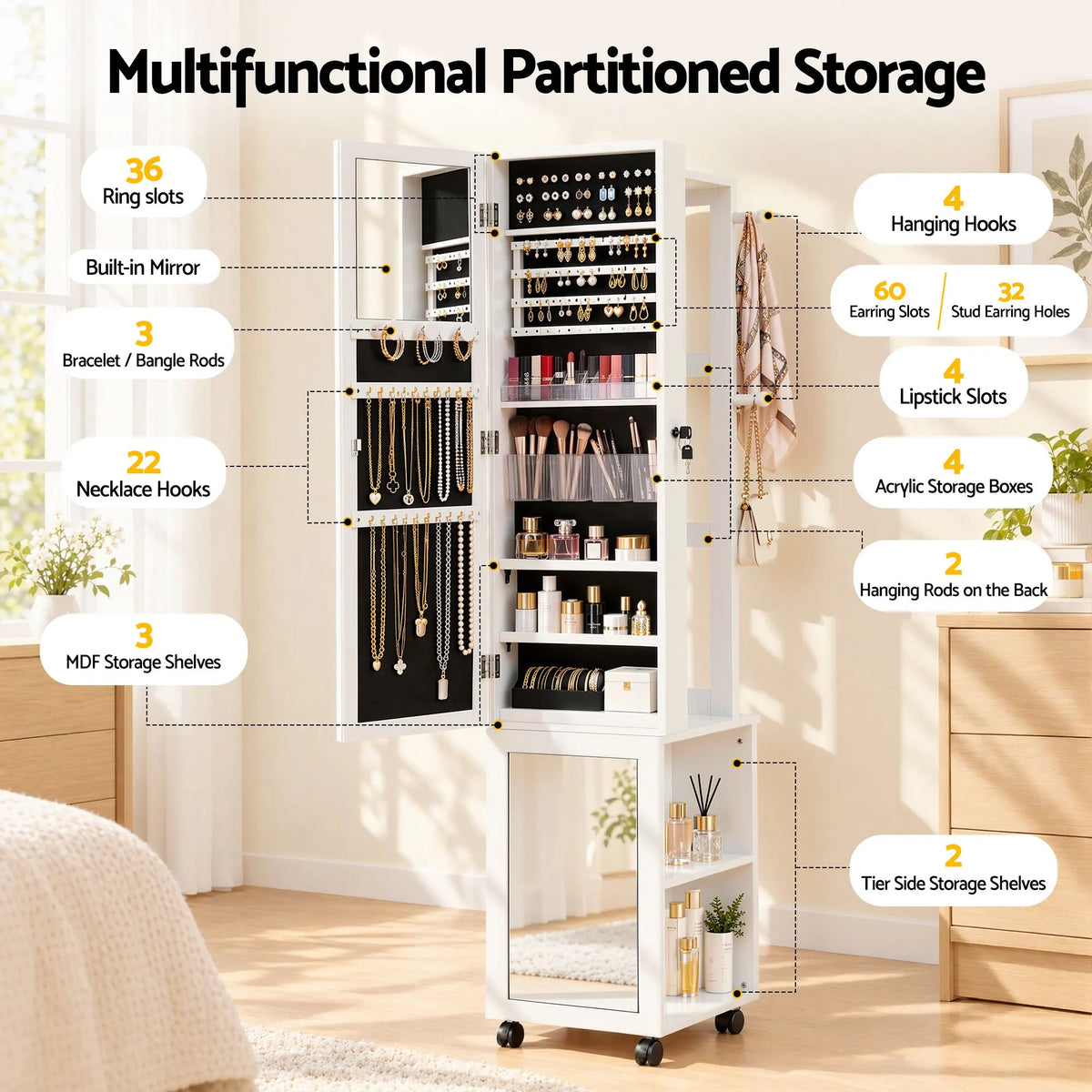 Artiss Lockable Jewellery Cabinet, Mobile Frameless Mirror, White - Image 6