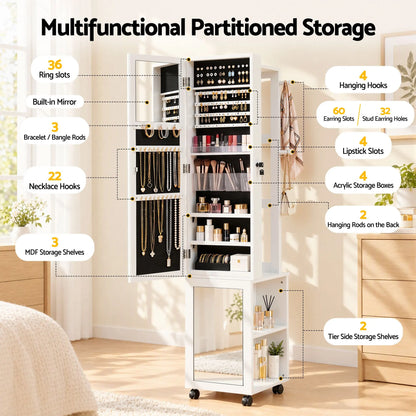 Artiss Lockable Jewellery Cabinet, Mobile Frameless Mirror, White - Image 6