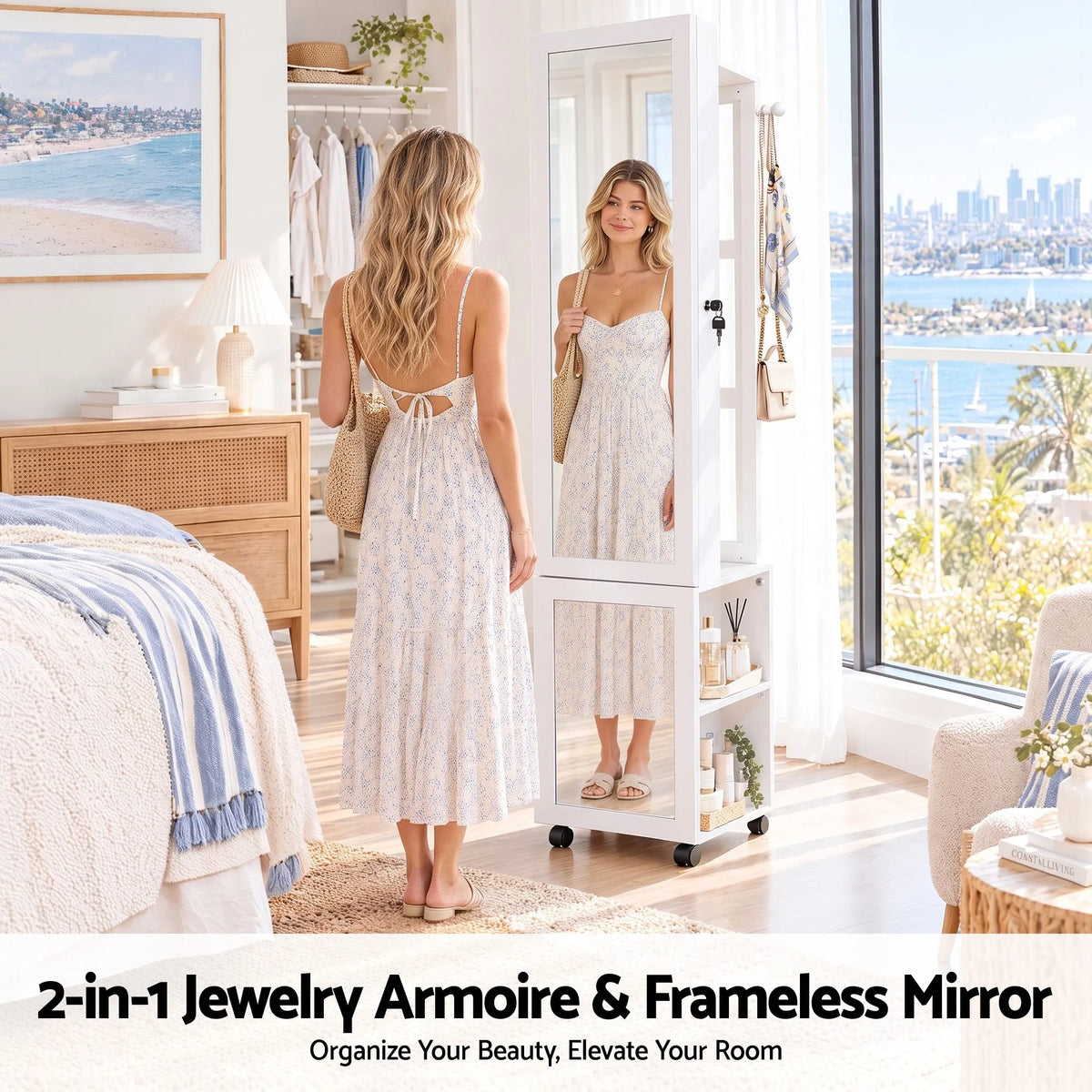 Artiss Lockable Jewellery Cabinet, Mobile Frameless Mirror, White - Image 7