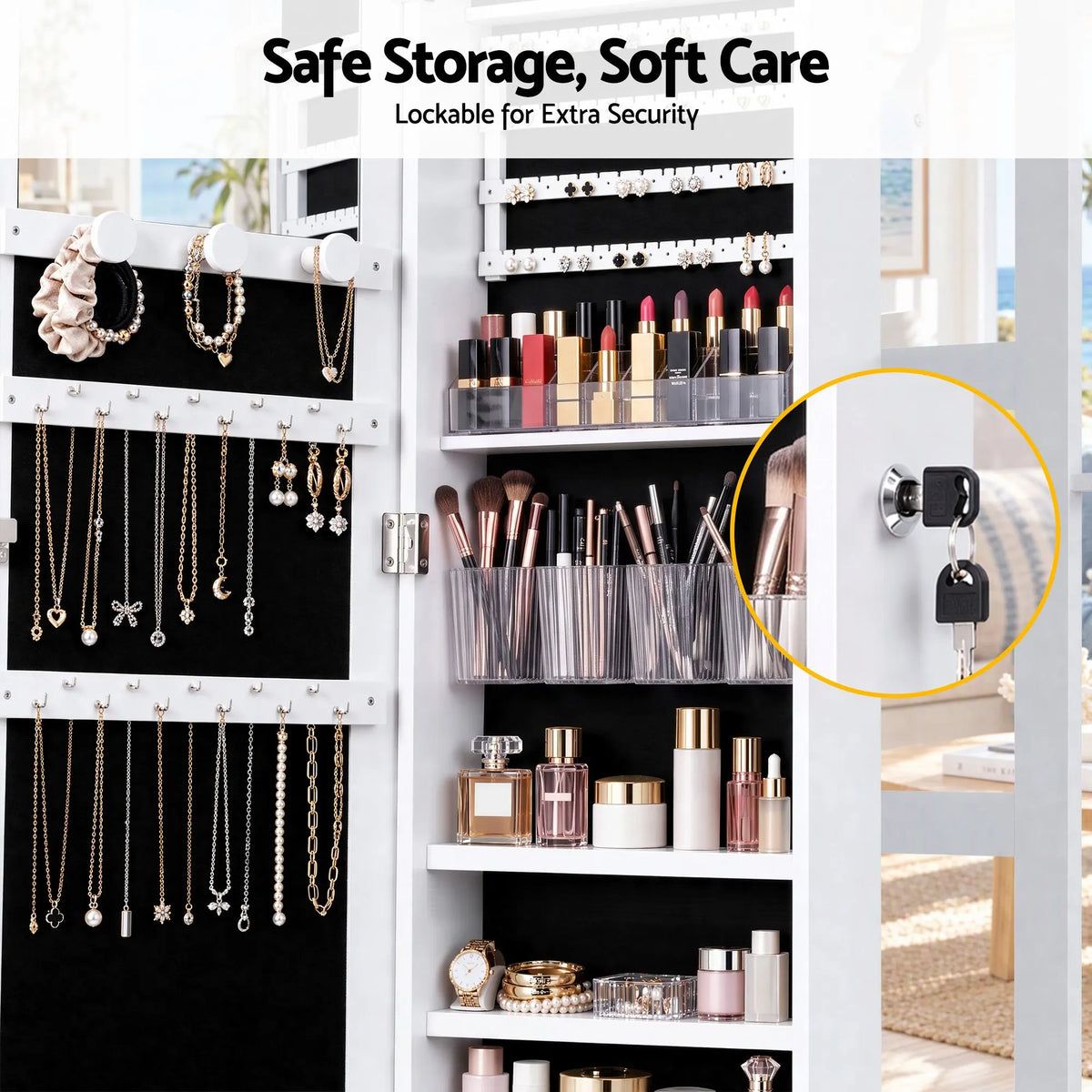 Artiss Lockable Jewellery Cabinet, Mobile Frameless Mirror, White - Image 8