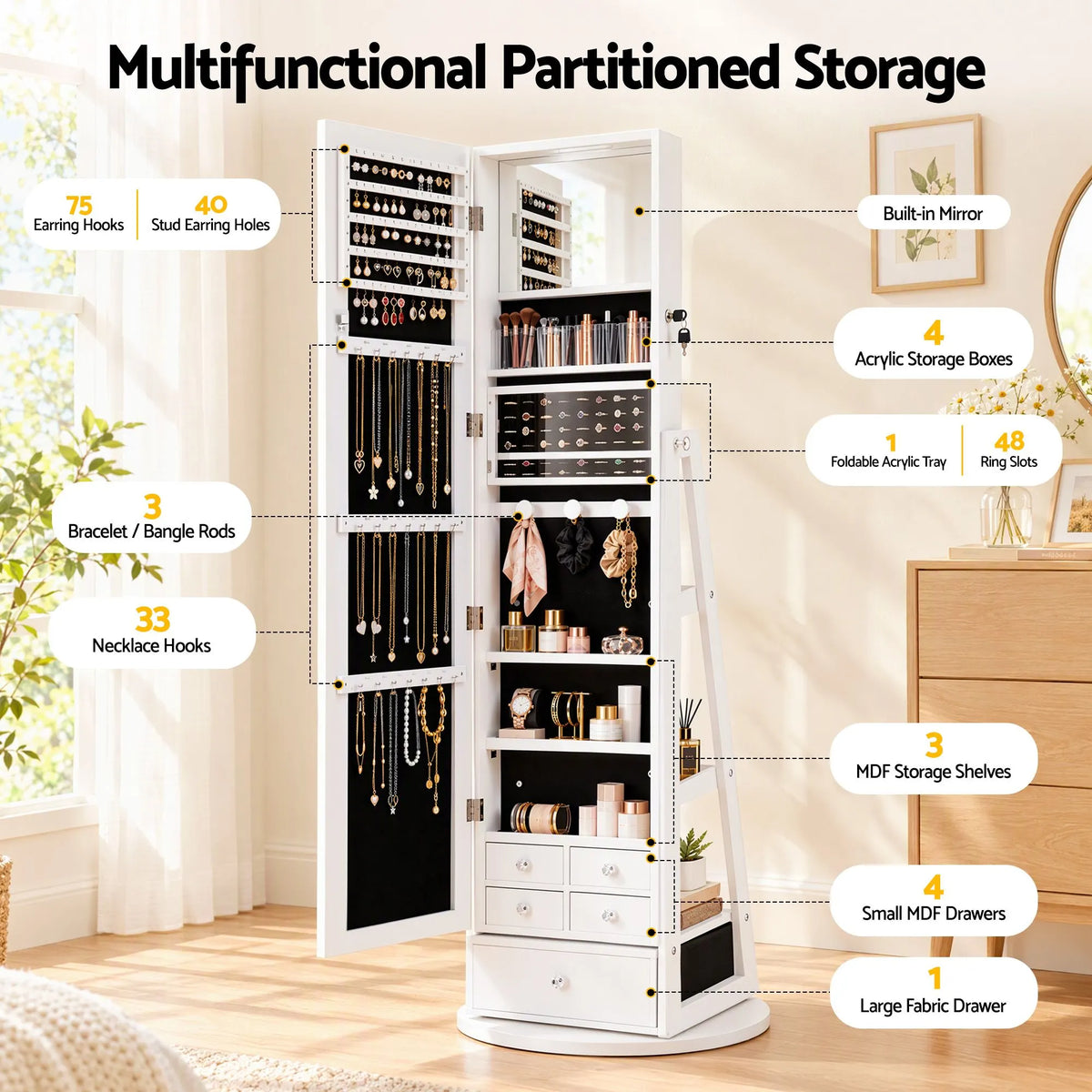 Artiss 360° Rotating Jewelry Cabinet Full Length Mirror, White - Image 6