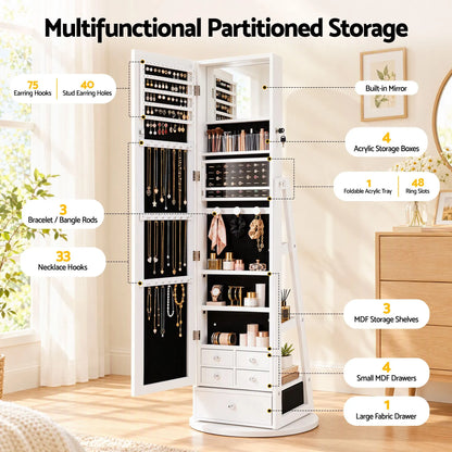 Artiss 360° Rotating Jewelry Cabinet Full Length Mirror, White - Image 6