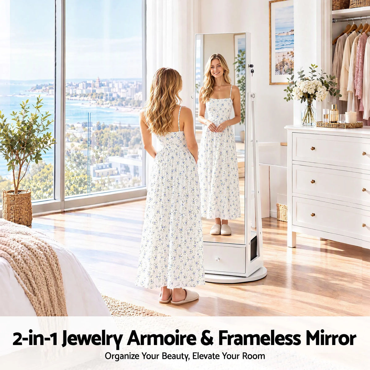 Artiss 360° Rotating Jewelry Cabinet Full Length Mirror, White - Image 7