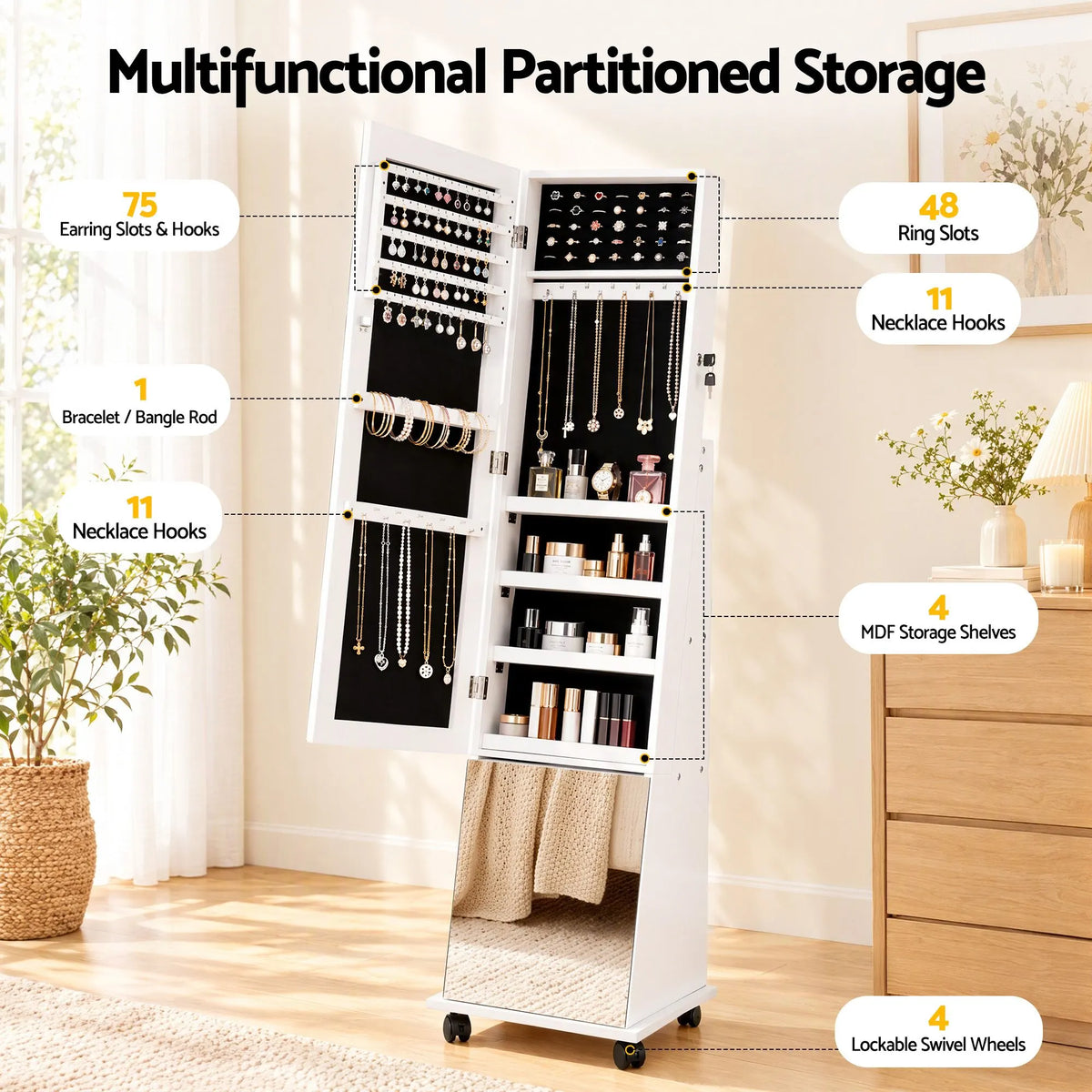 Artiss Jewelry Cabinet Frameless Full Length Mirror with Wheels, White - Image 6