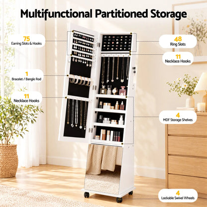 Artiss Jewelry Cabinet Frameless Full Length Mirror with Wheels, White - Image 6