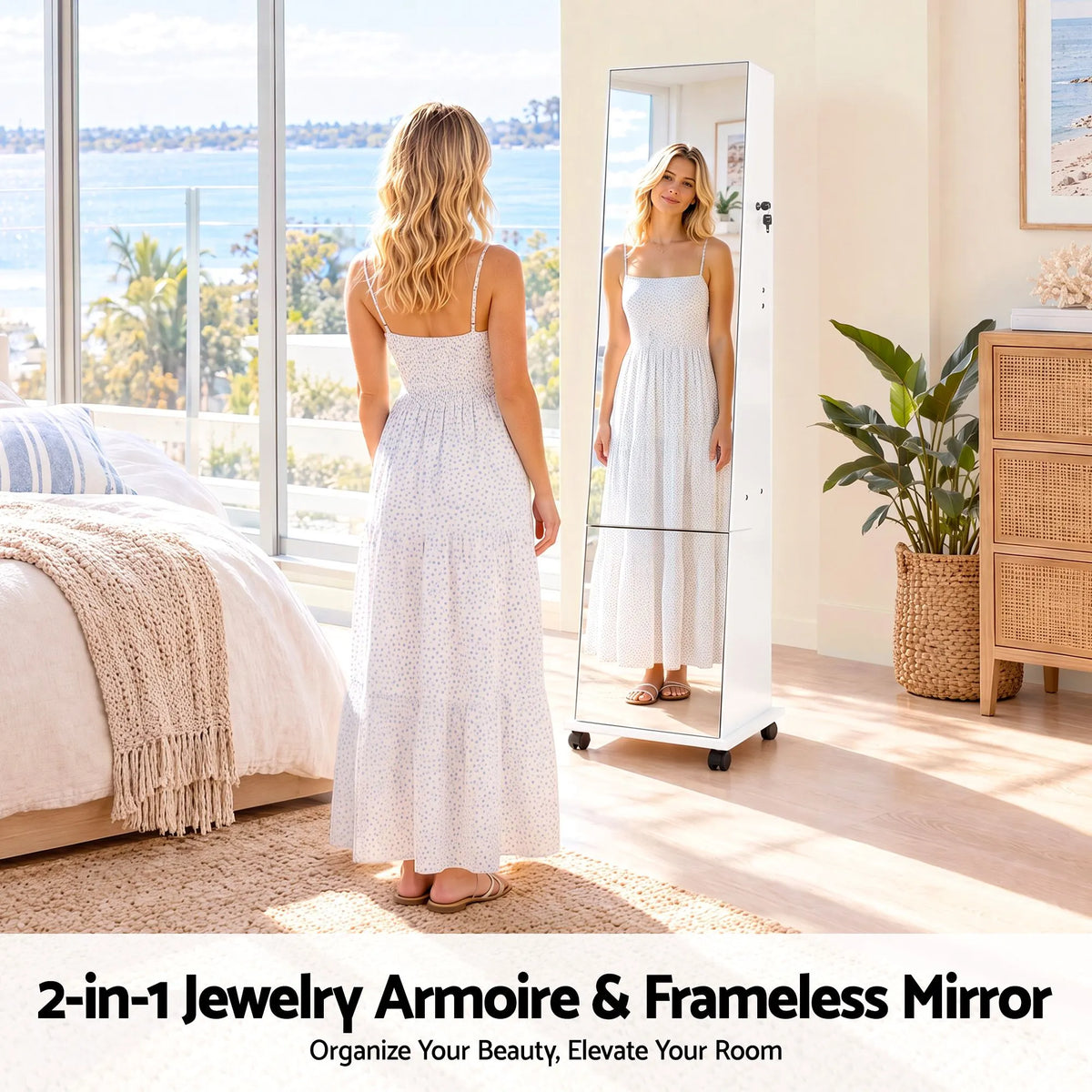 Artiss Jewelry Cabinet Frameless Full Length Mirror with Wheels, White - Image 7