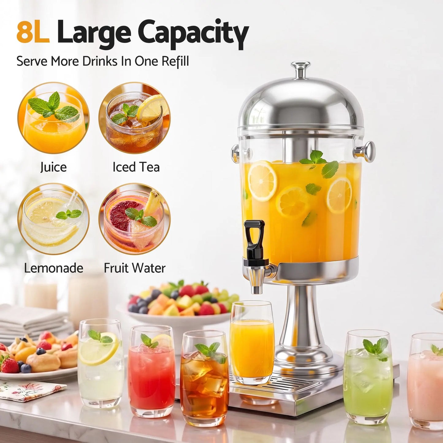 5-Star Chef 8L Beverage Juice Dispenser Tap Ice Tube Single Drip Tray - Image 4