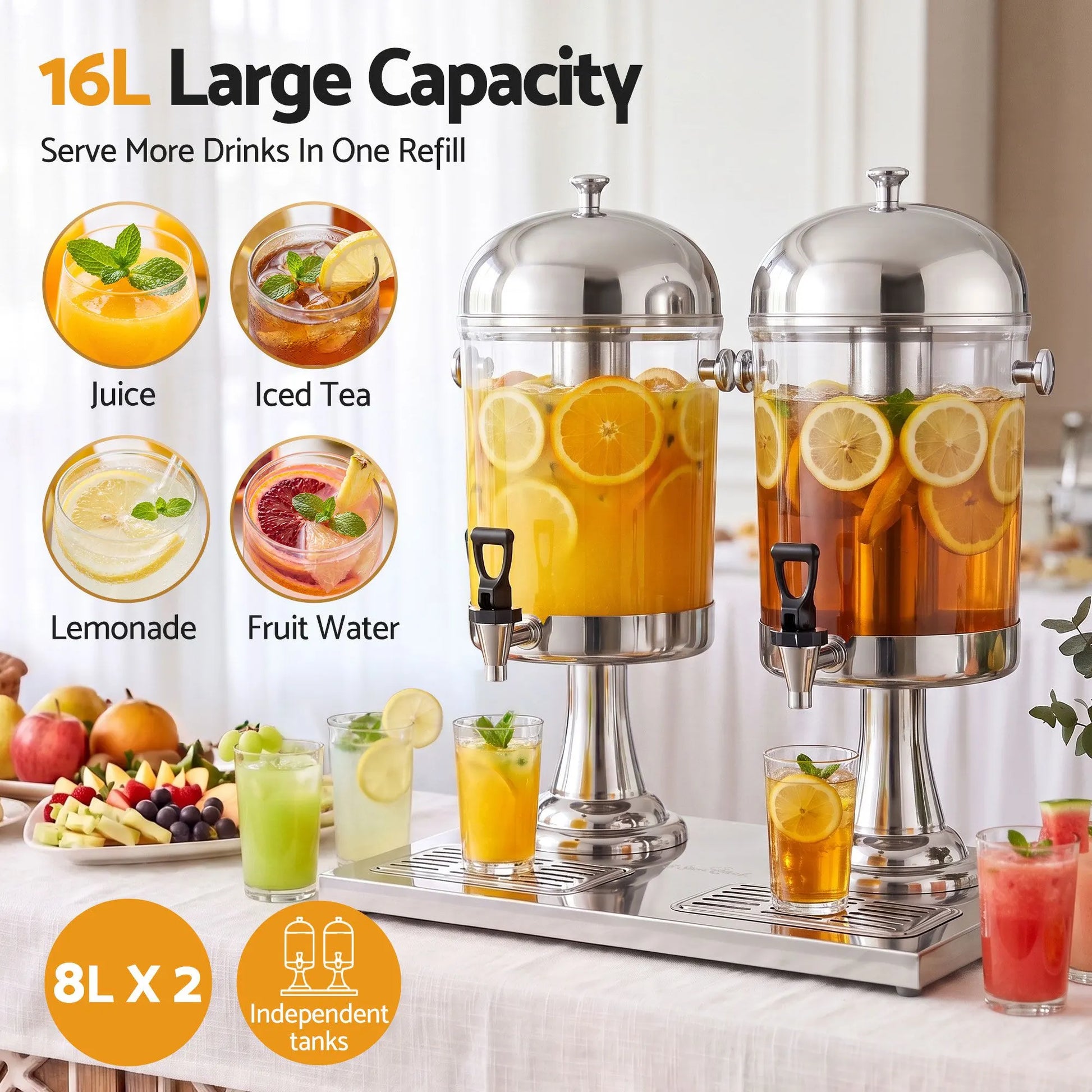 5-Star Chef 16L Dual Tank Juice Dispenser Drink Beverage Server Ice Tubes - Image 4