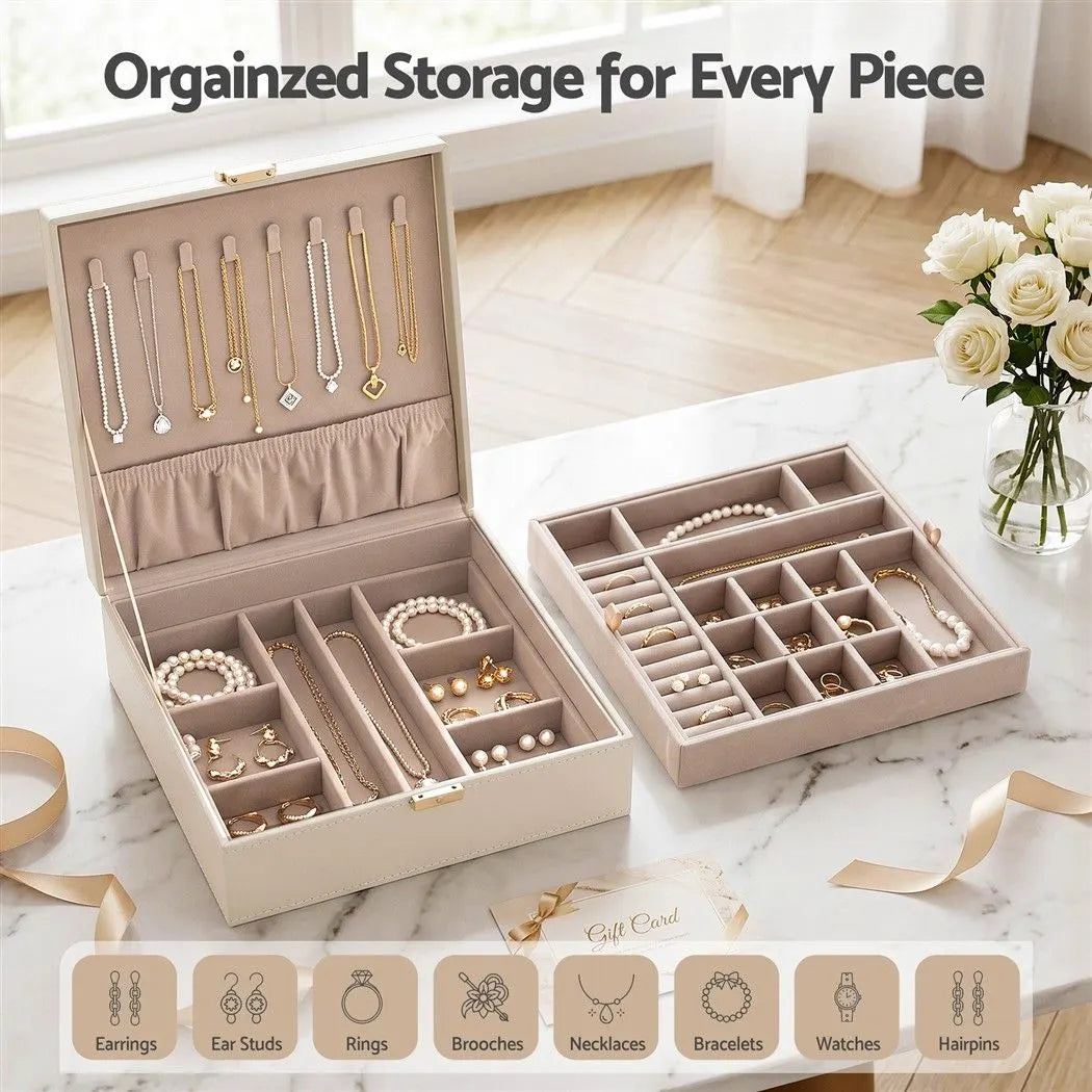 Embellir Jewellery Box 2 Layer Storage Organiser Leather Display White - Image 5