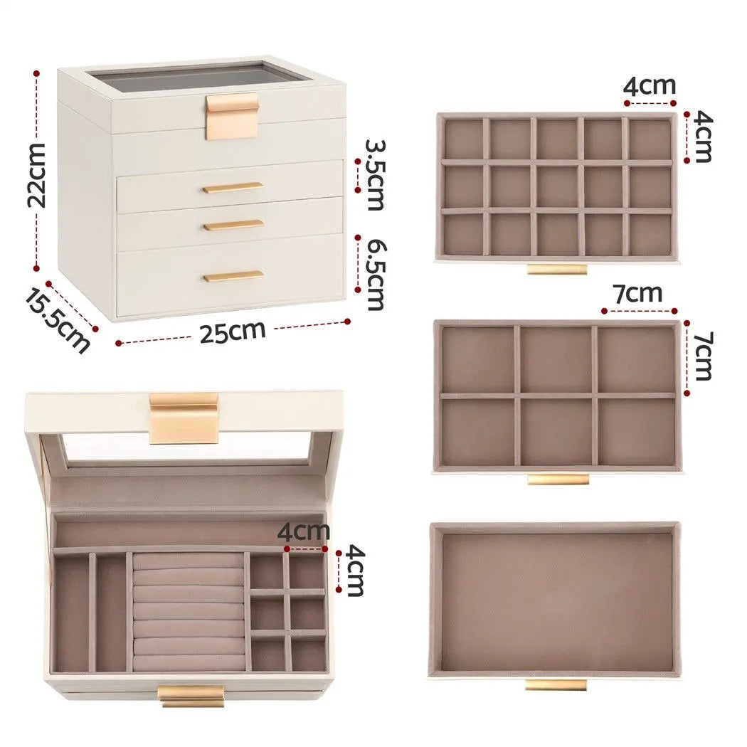 Embellir Jewellery Box 4 Layer Organiser Storage Case Glass Lid Drawers White - Image 2