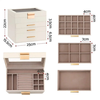 Embellir Jewellery Box 4 Layer Organiser Storage Case Glass Lid Drawers White - Image 2