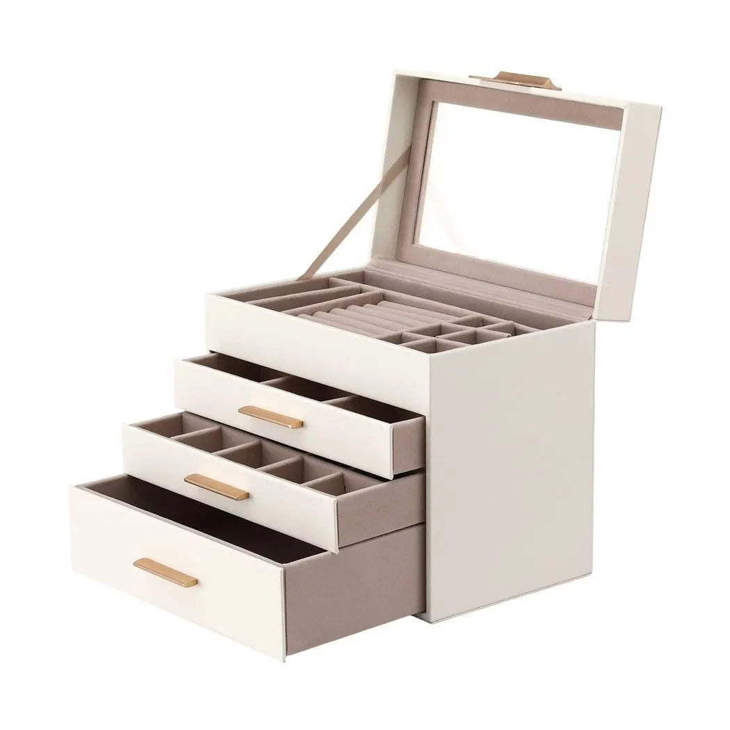 Embellir Jewellery Box 4 Layer Organiser Storage Case Glass Lid Drawers White - Image 3