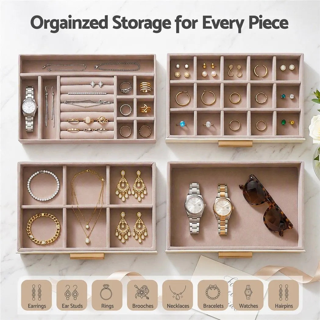 Embellir Jewellery Box 4 Layer Organiser Storage Case Glass Lid Drawers White - Image 5