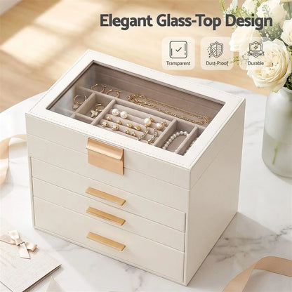 Embellir Jewellery Box 4 Layer Organiser Storage Case Glass Lid Drawers White - Image 6