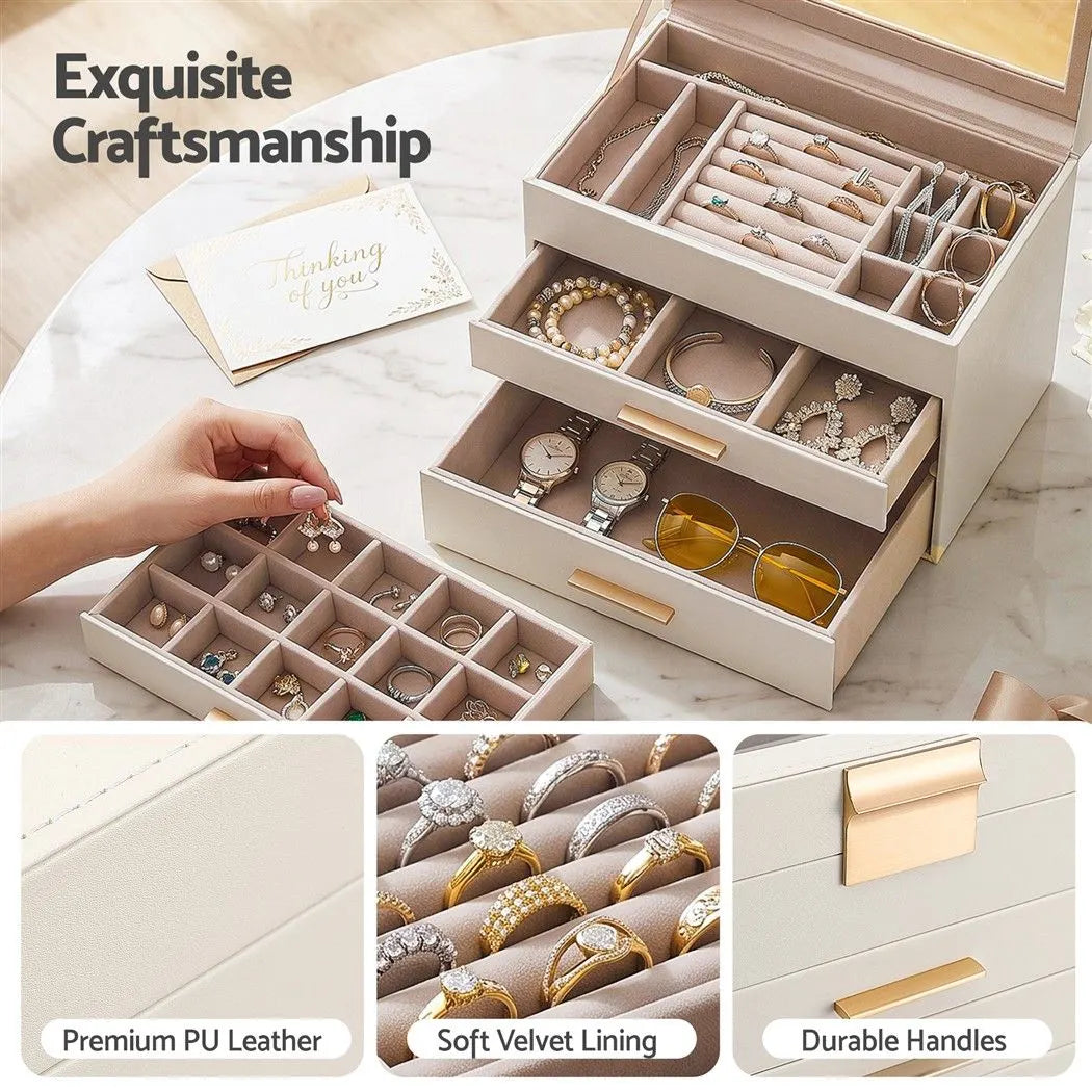 Embellir Jewellery Box 4 Layer Organiser Storage Case Glass Lid Drawers White - Image 7