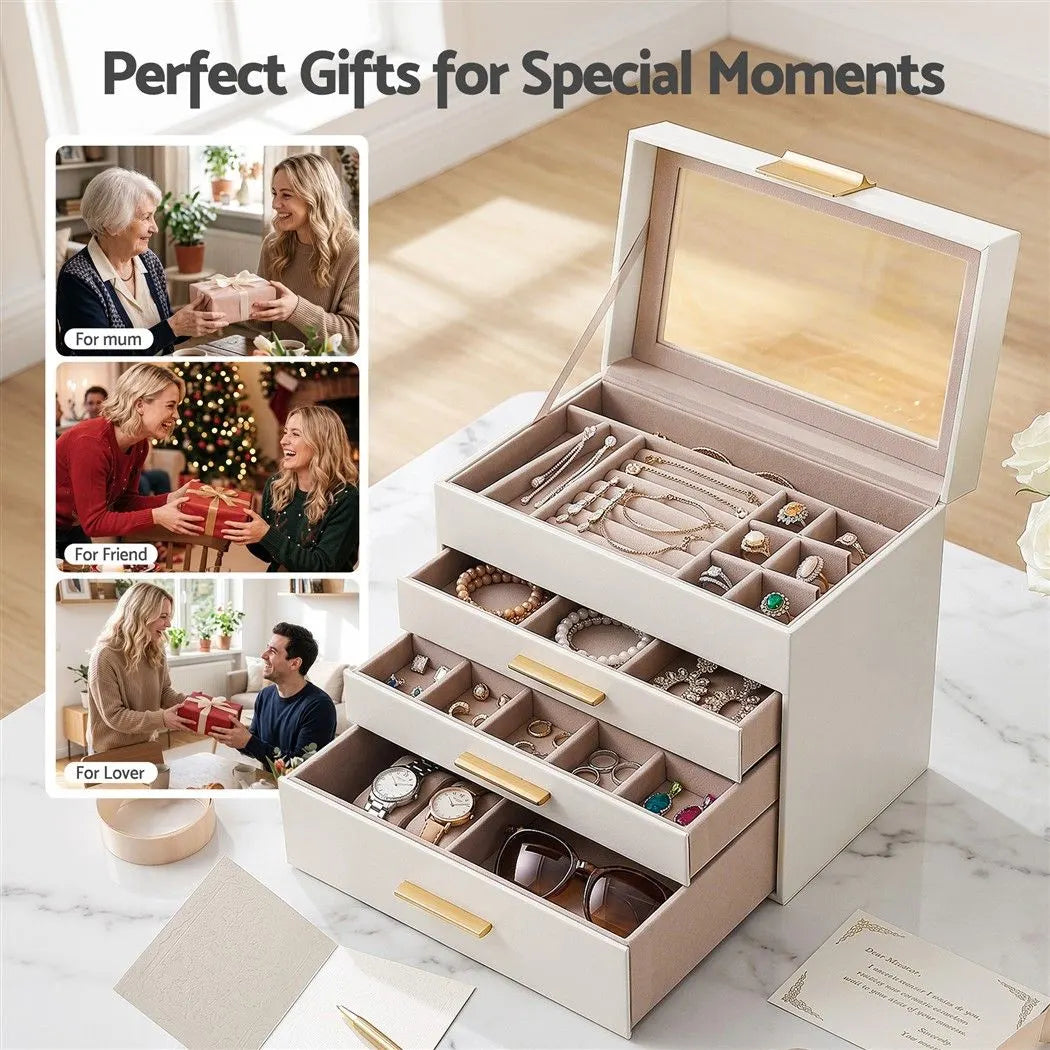 Embellir Jewellery Box 4 Layer Organiser Storage Case Glass Lid Drawers White - Image 9