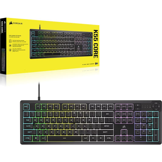 Corsair K55 CORE RGB Gaming Keyboard — Black, Extended layout, 12KRO, 6 macro keys, rubber dome s...