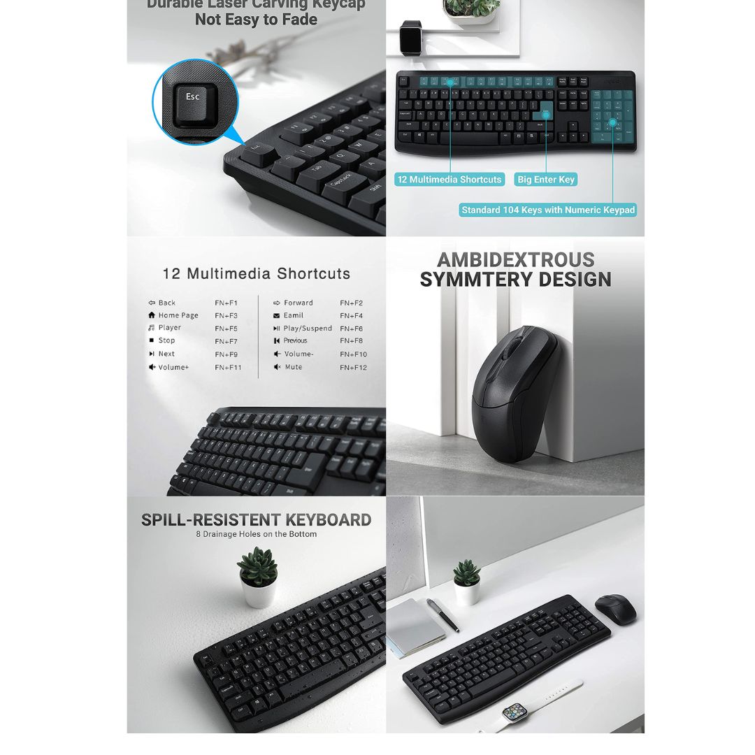 RAPOO X1800Pro Wireless Mouse  Keyboard Combo - 2.4G, 10M Range, Optical, Long Battery, Spill-Res... - Image 3