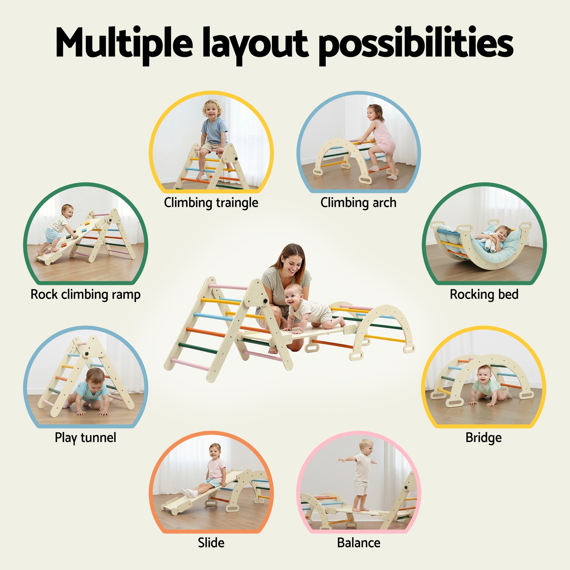 Keezi Kids Triangle Climbing Toys Set With Slide Indoor Outdoor Toddler Toys Pikler Climber With Arch - Image 5