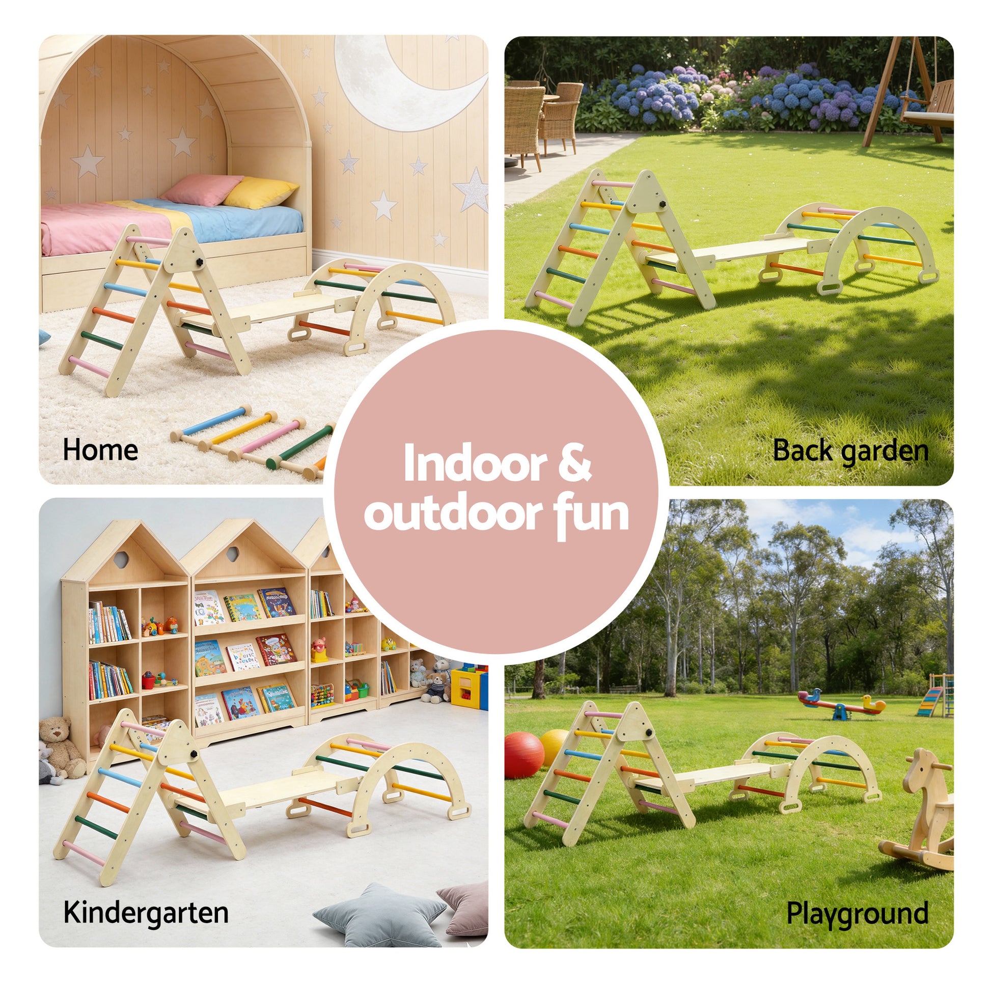 Keezi Kids Triangle Climbing Toys Set With Slide Indoor Outdoor Toddler Toys Pikler Climber With Arch - Image 6