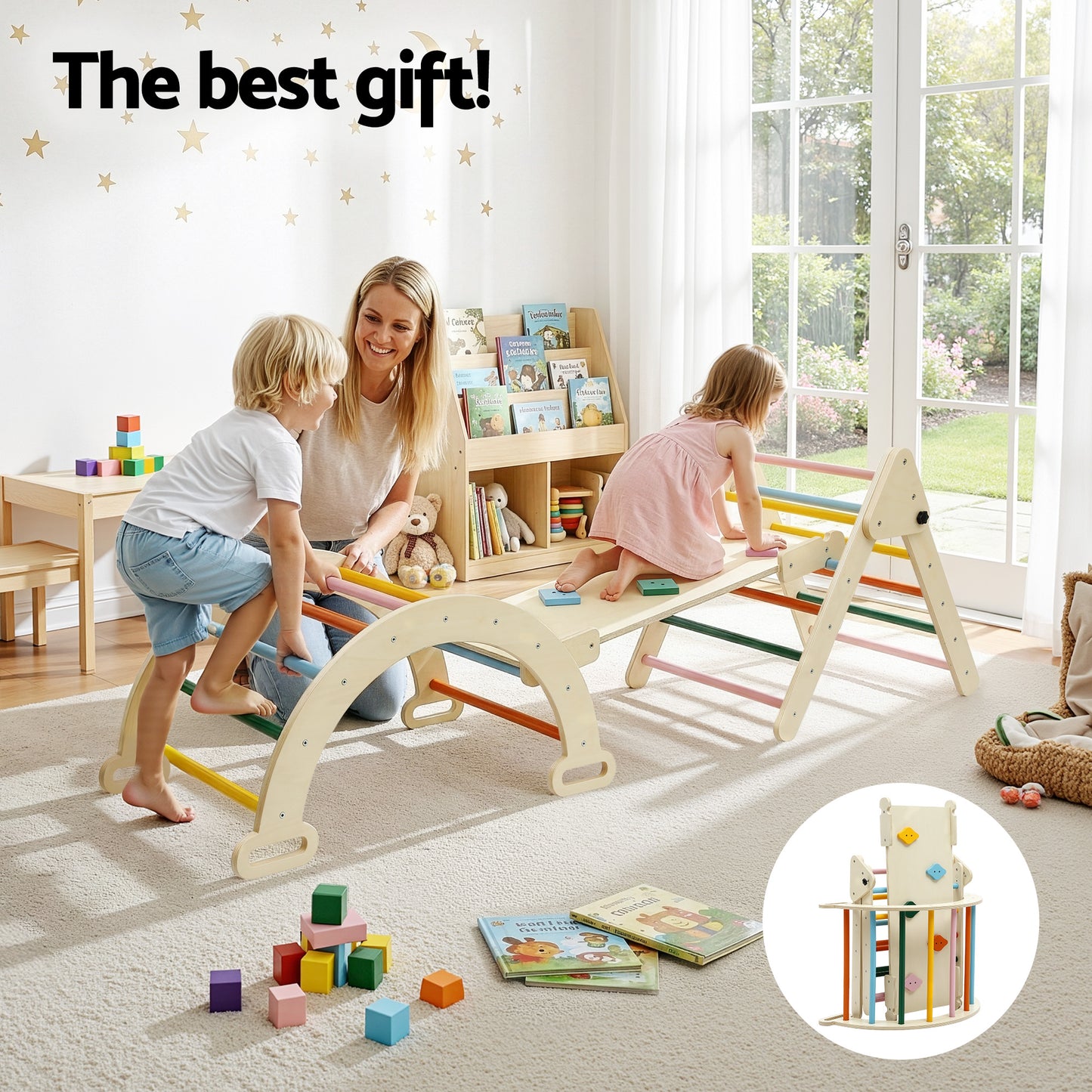 Keezi Kids Triangle Climbing Toys Set With Slide Indoor Outdoor Toddler Toys Pikler Climber With Arch - Image 7