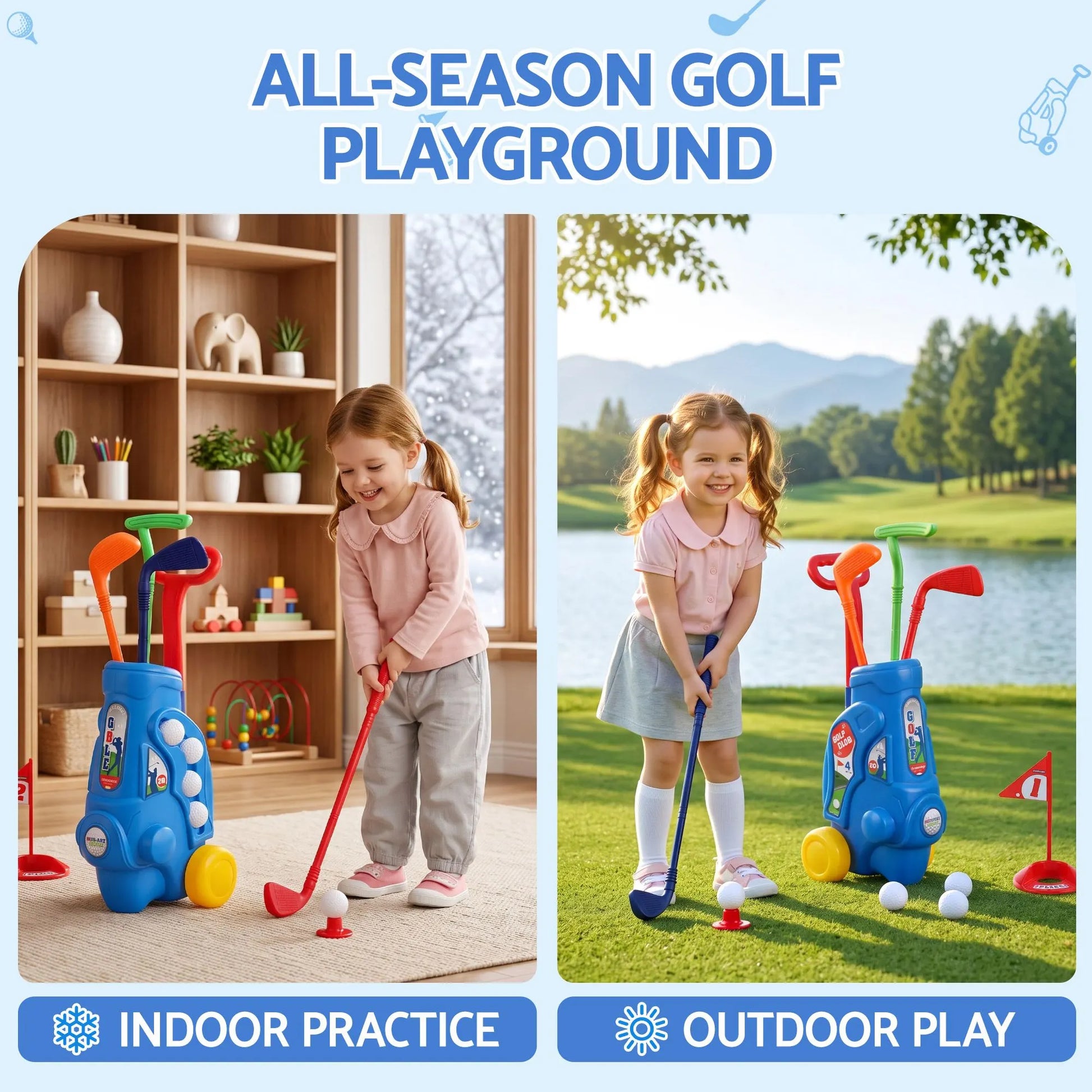 Keezi Kids Golf Set Toddler Club Set Pull Cart Indoor Outdoor Backyard Mini Toy Ages 2-6 - Image 7