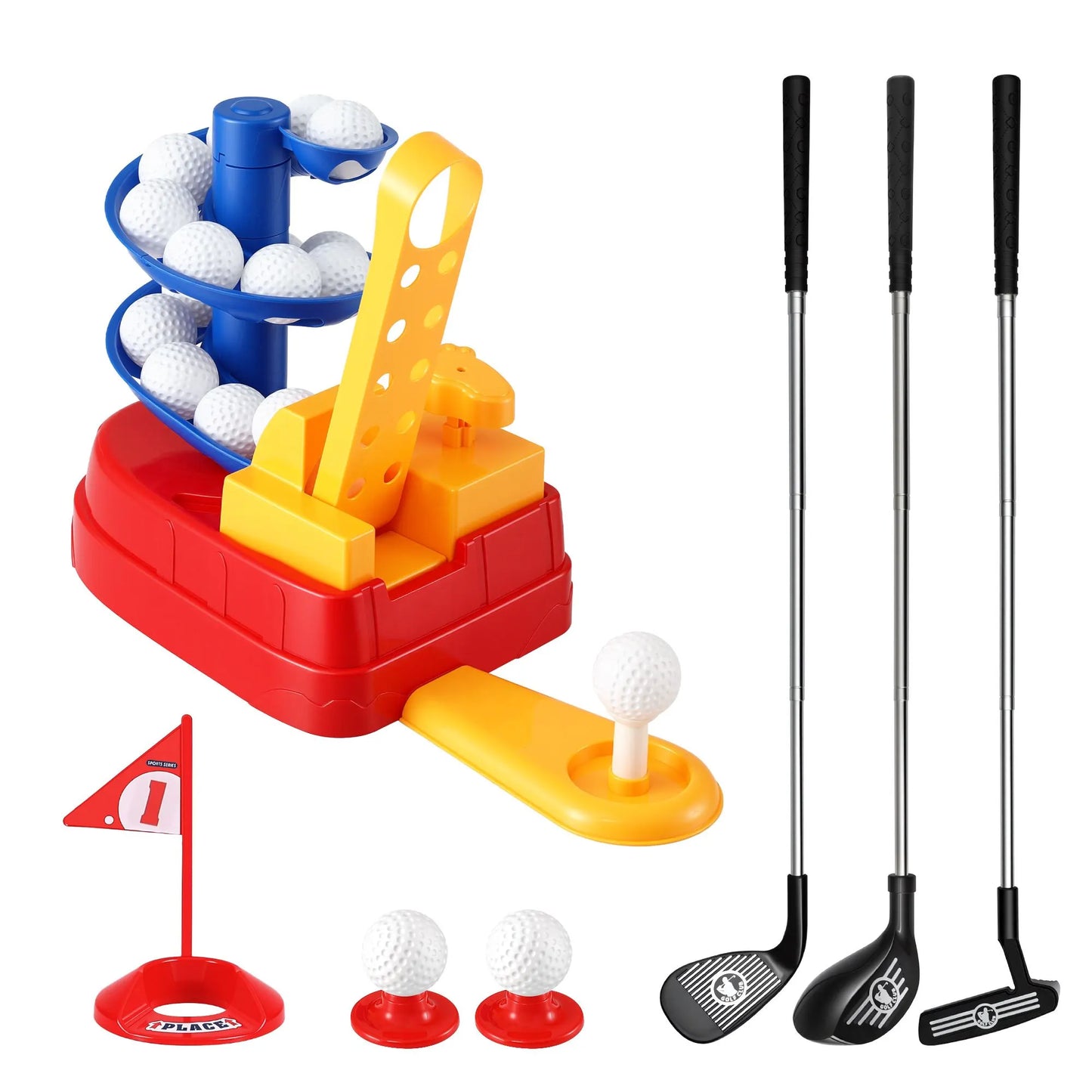 Keezi Kids Golf Toy Set with 20 Balls & 3 Adjustable Clubs, Foot Pedal Ball Launcher Portable Training Toy, Indoor Outdoor Backyard Sports Game for Ages 3-8 - Image 3