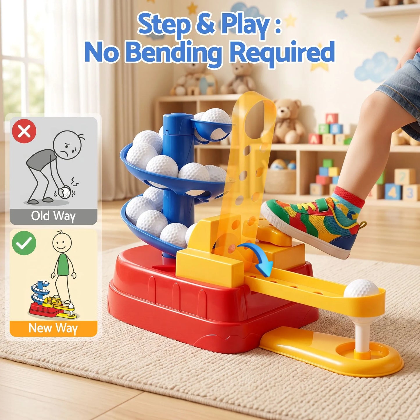 Keezi Kids Golf Toy Set with 20 Balls & 3 Adjustable Clubs, Foot Pedal Ball Launcher Portable Training Toy, Indoor Outdoor Backyard Sports Game for Ages 3-8 - Image 4
