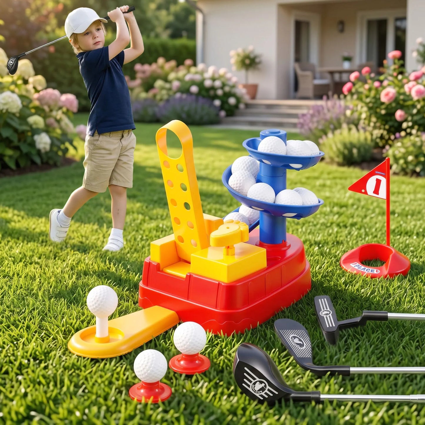 Keezi Kids Golf Toy Set with 20 Balls & 3 Adjustable Clubs, Foot Pedal Ball Launcher Portable Training Toy, Indoor Outdoor Backyard Sports Game for Ages 3-8 - Image 8