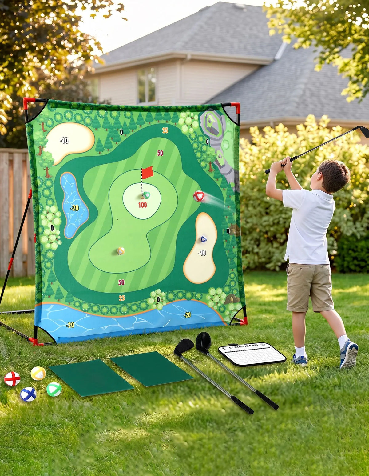 Keezi Kids Golf Play Set Chipping Game, 24 Sticky Balls, Adjustable Club & 2 Hitting Mats for Indoor Outdoor Ages 3-12 Play - Image 9