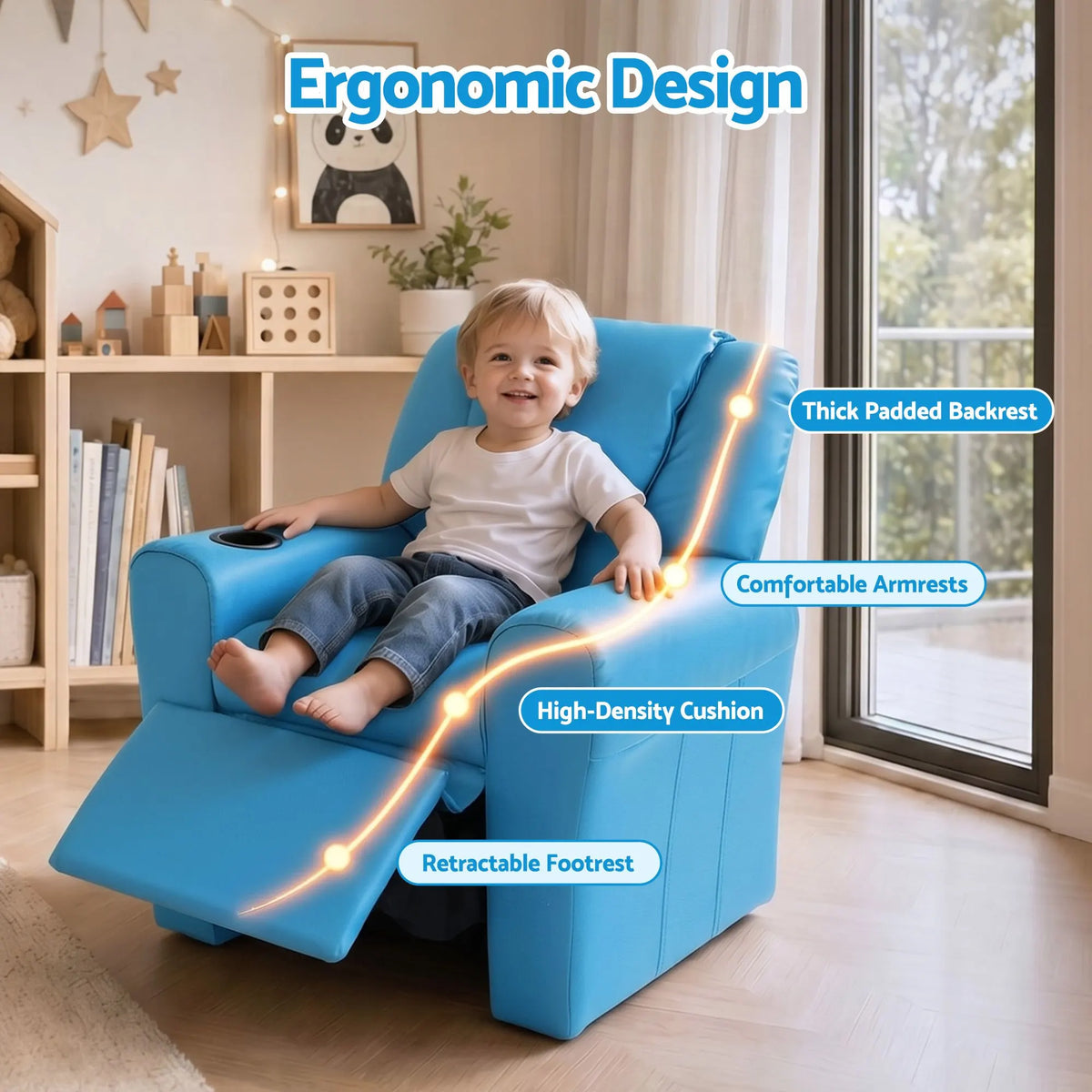 Keezi Kids Recliner Chair PU Leather Sofa Lounge Couch Children Armchair Blue - Image 5
