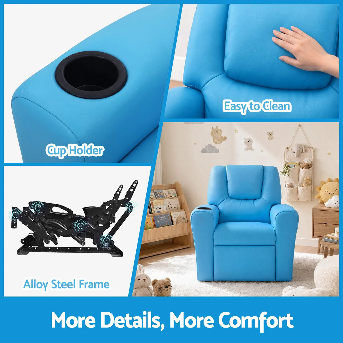 Keezi Kids Recliner Chair PU Leather Sofa Lounge Couch Children Armchair Blue - Image 7