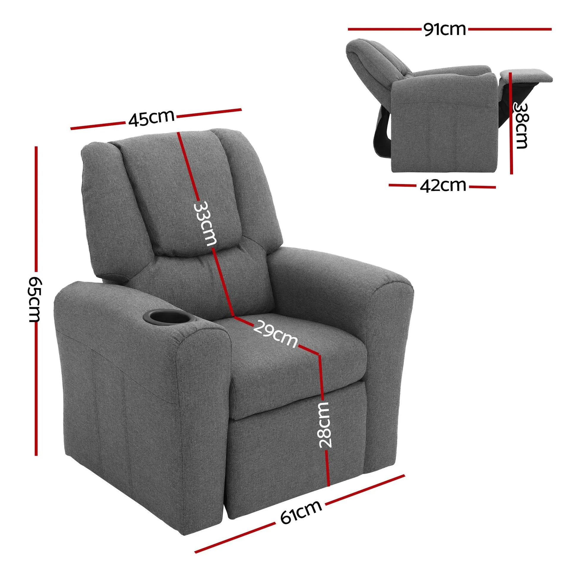 Keezi Kids Recliner Chair Grey Linen Soft Sofa Lounge Couch Children Armchair - Image 2