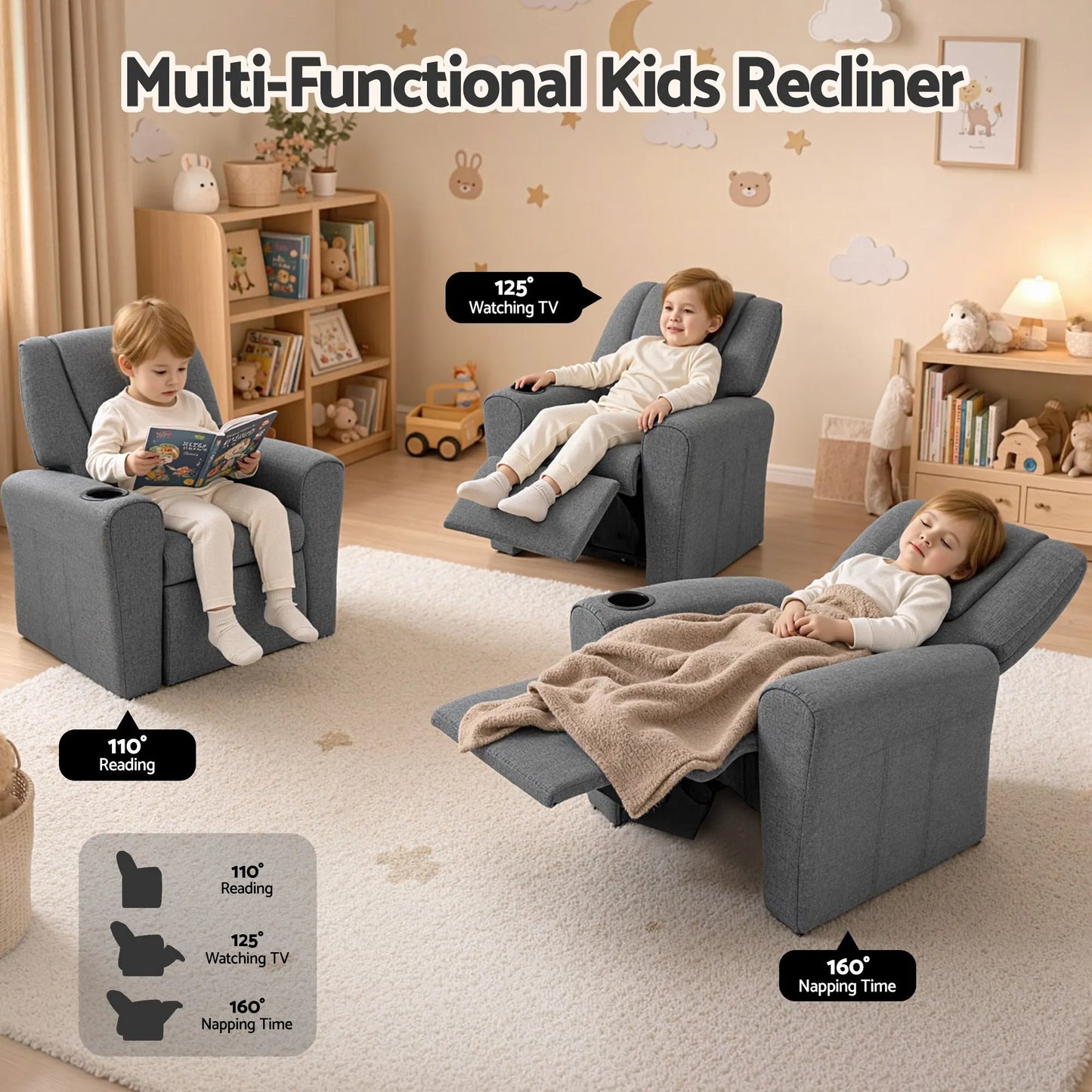 Keezi Kids Recliner Chair Grey Linen Soft Sofa Lounge Couch Children Armchair - Image 4