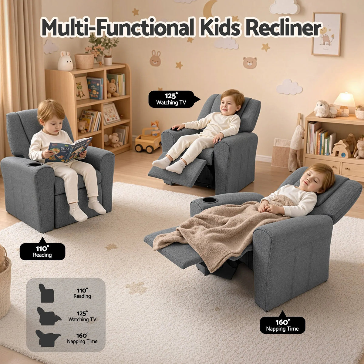 Keezi Kids Recliner Chair Grey Linen Soft Sofa Lounge Couch Children Armchair - Image 4