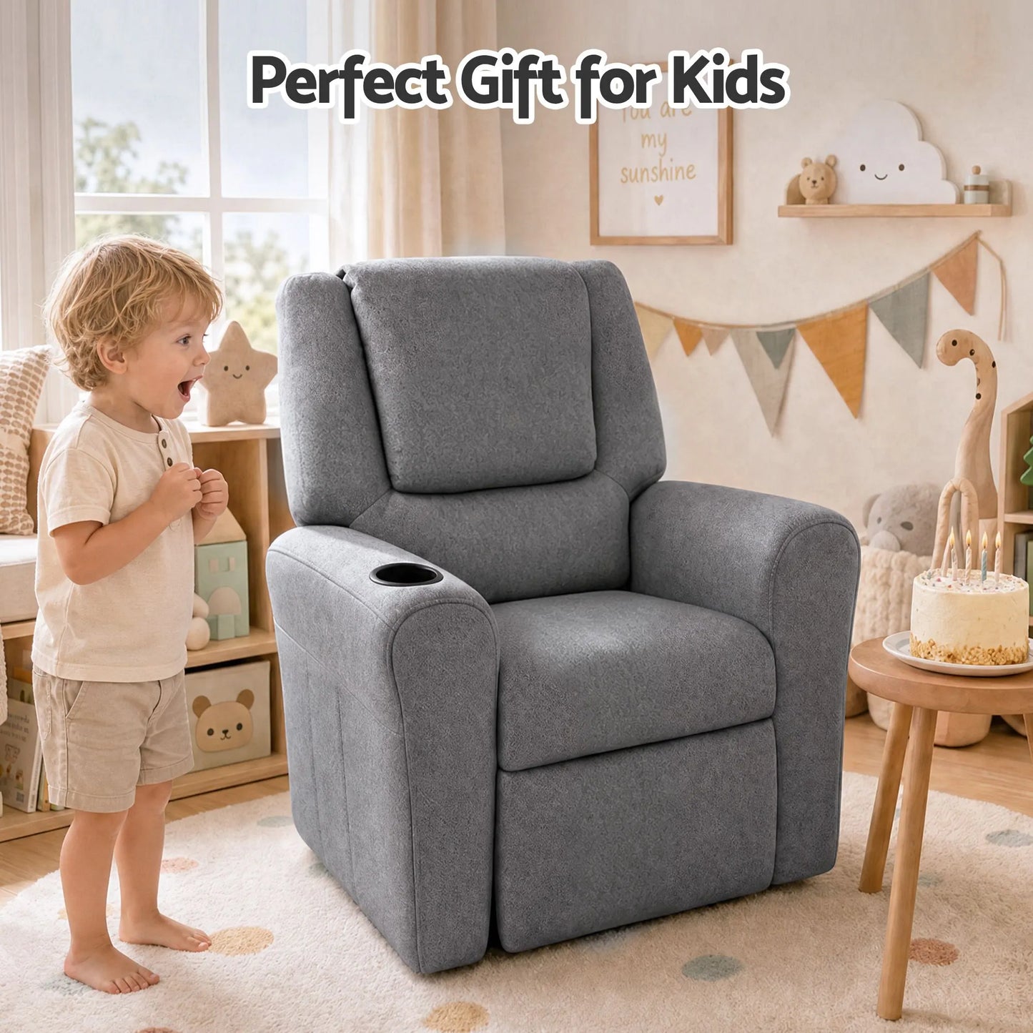 Keezi Kids Recliner Chair Grey Linen Soft Sofa Lounge Couch Children Armchair - Image 8