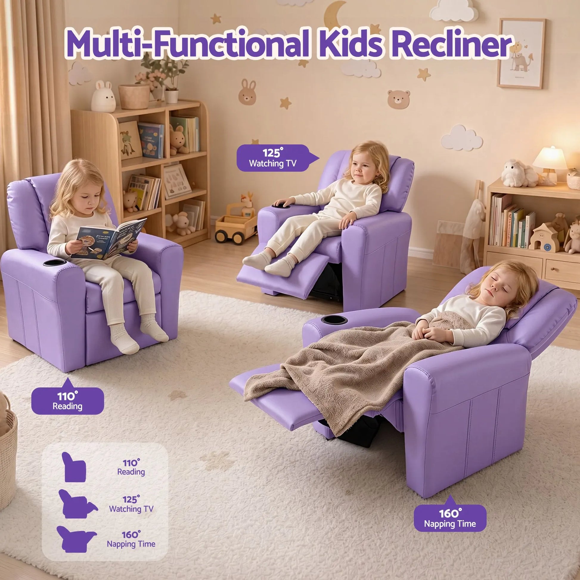 Keezi Kids Recliner Chair PU Leather Sofa Lounge Couch Children Armchair Purple - Image 4