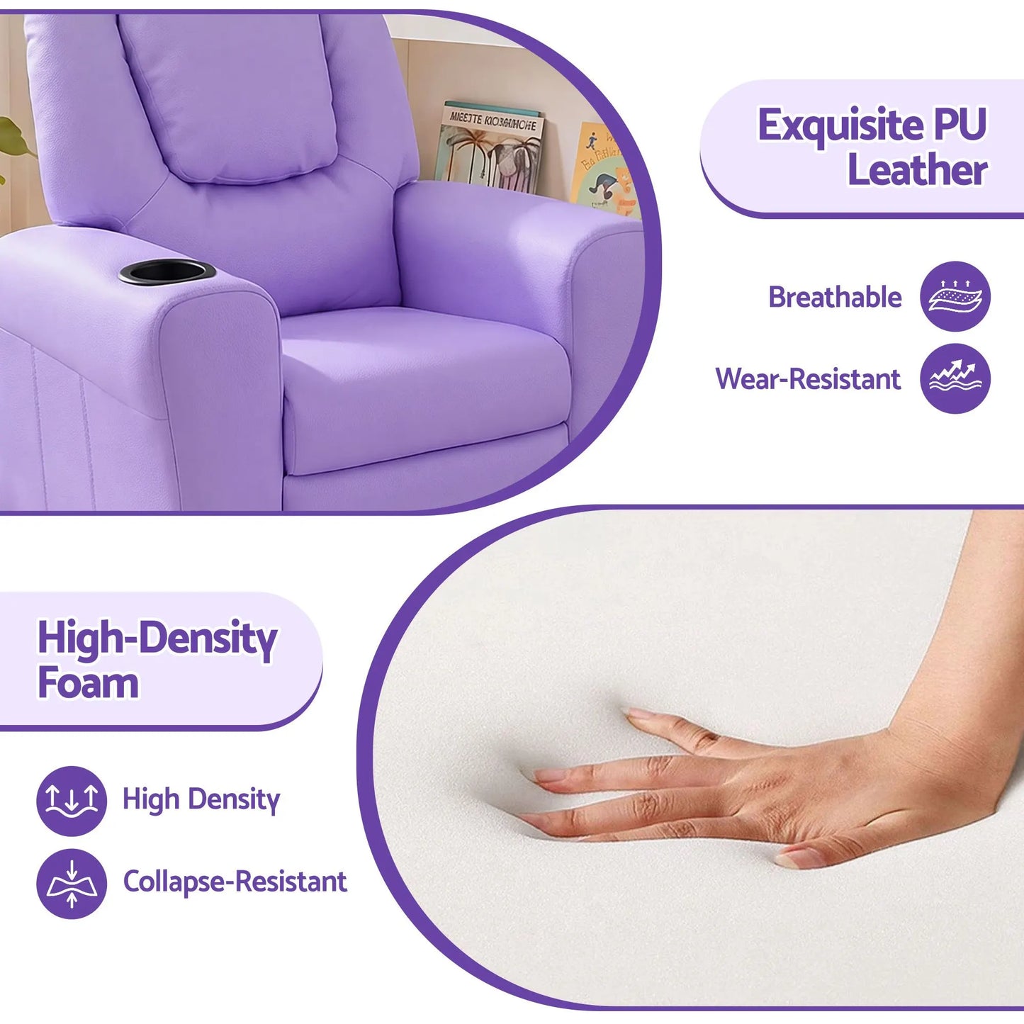 Keezi Kids Recliner Chair PU Leather Sofa Lounge Couch Children Armchair Purple - Image 6