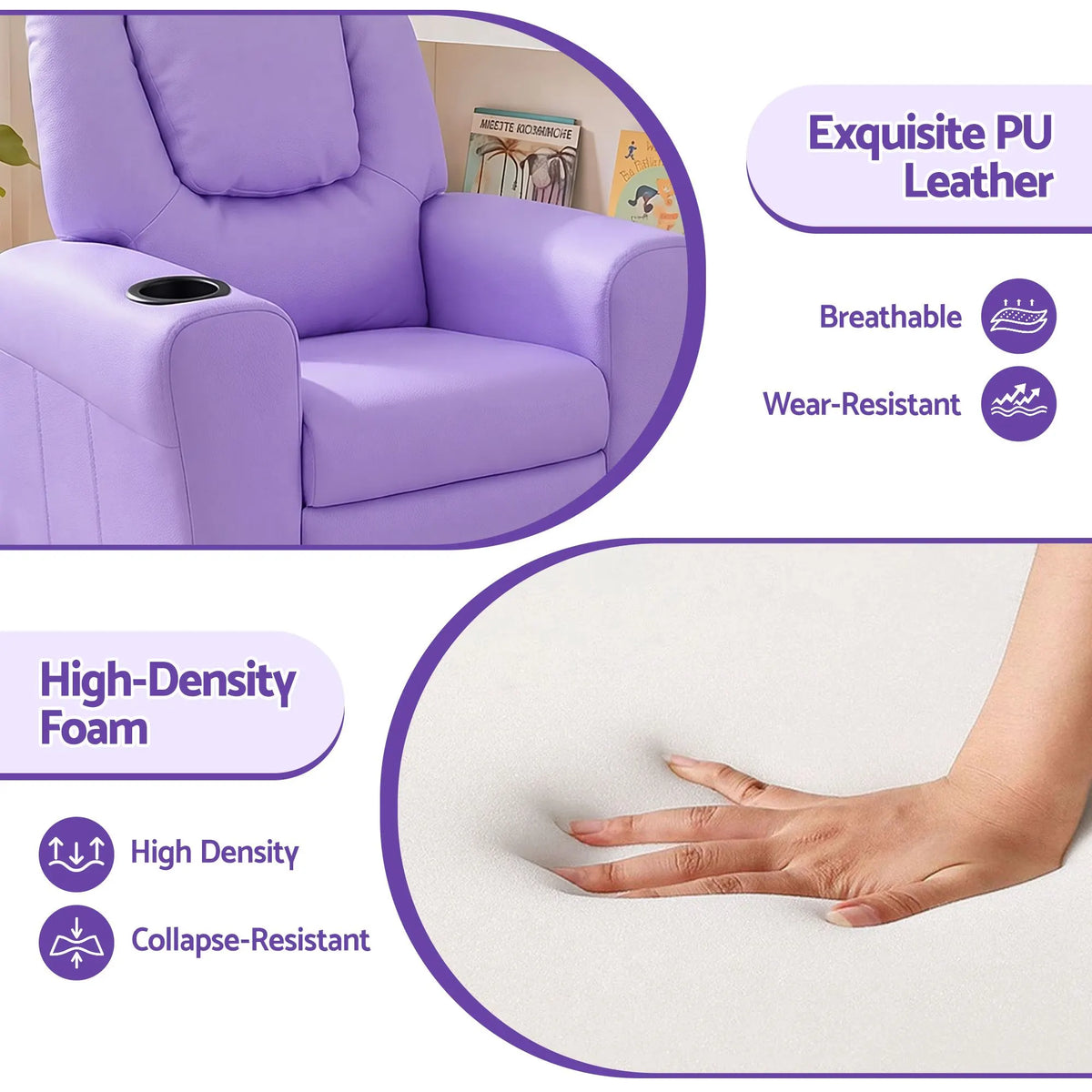 Keezi Kids Recliner Chair PU Leather Sofa Lounge Couch Children Armchair Purple - Image 6