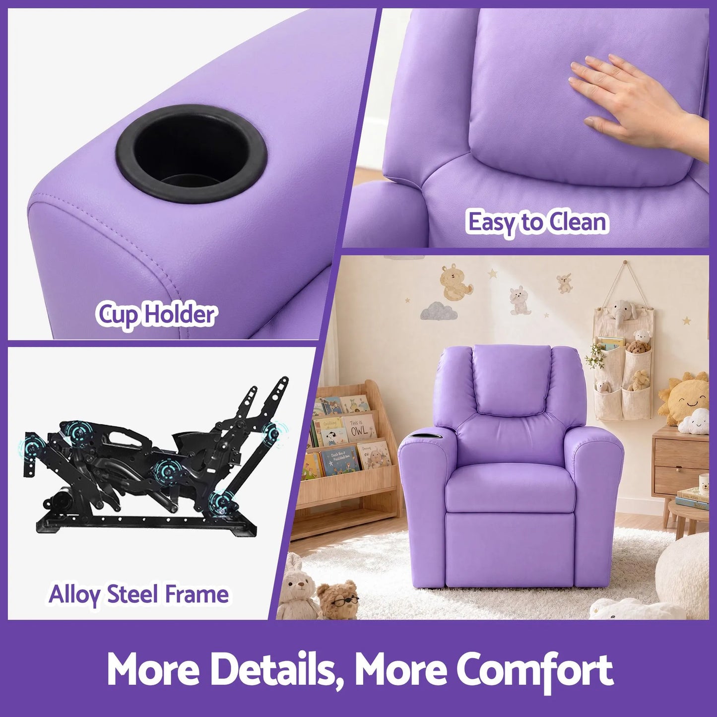 Keezi Kids Recliner Chair PU Leather Sofa Lounge Couch Children Armchair Purple - Image 7