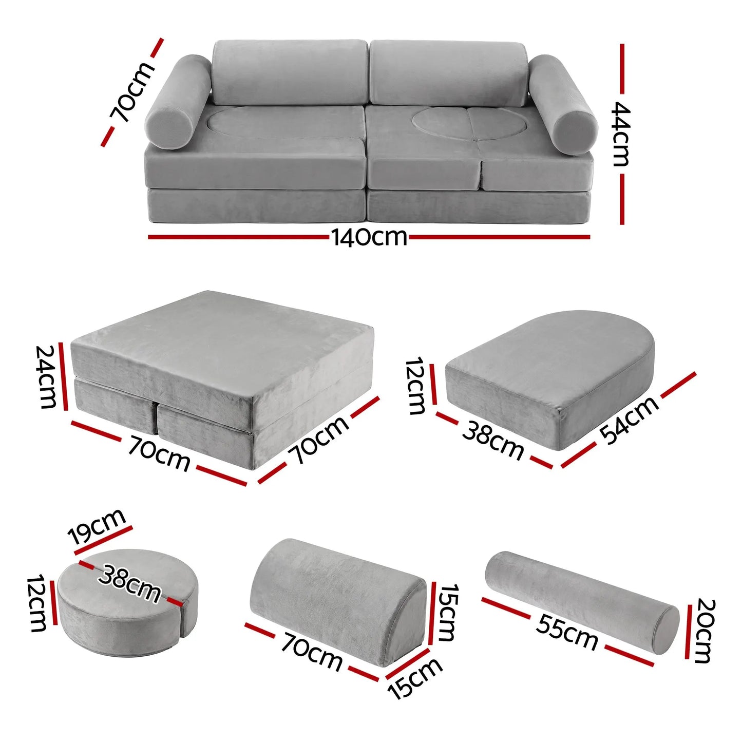 Keezi 12PCS Modular Kids Play Couch Foam Sofa Set with Removable Washable Cover Grey Playroom - Image 3