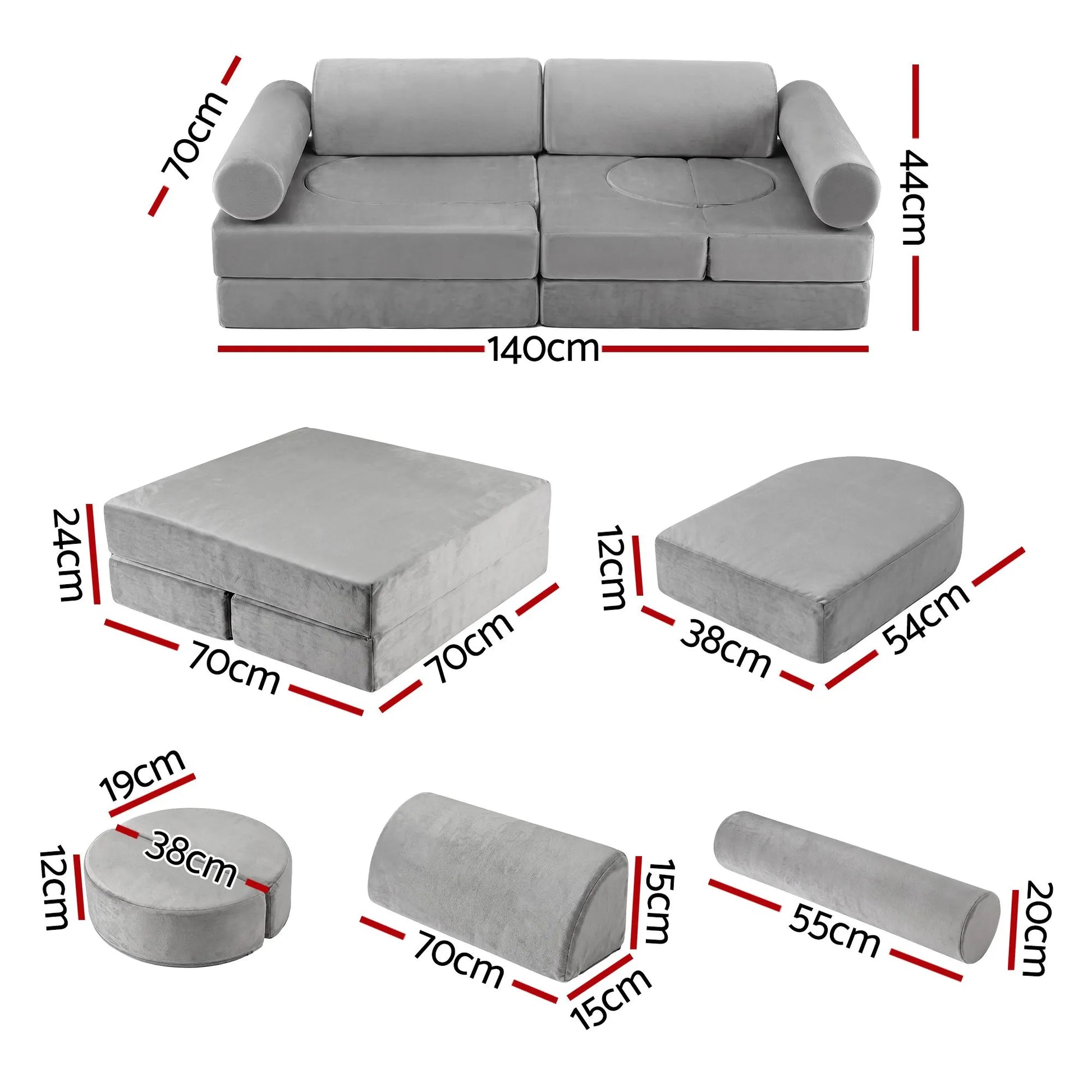 Keezi 12PCS Modular Kids Play Couch Foam Sofa Set with Removable Washable Cover Grey Playroom - Image 3